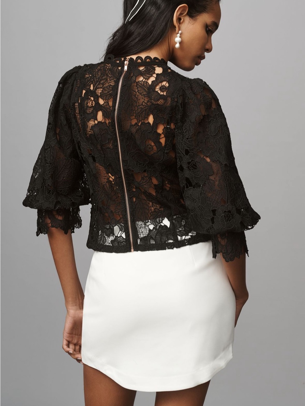 Anthropologie Sarah Hann Black Floral Lace Puff-Sleeve Blouse 3X Like New - Picture 7 of 10